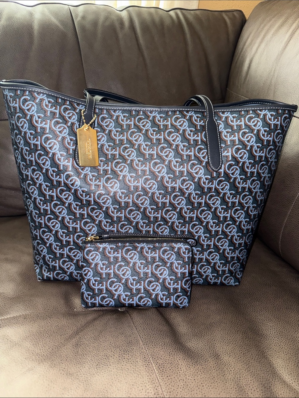 Coach Blue and Brown Signature Monogram Tote with Wristlet